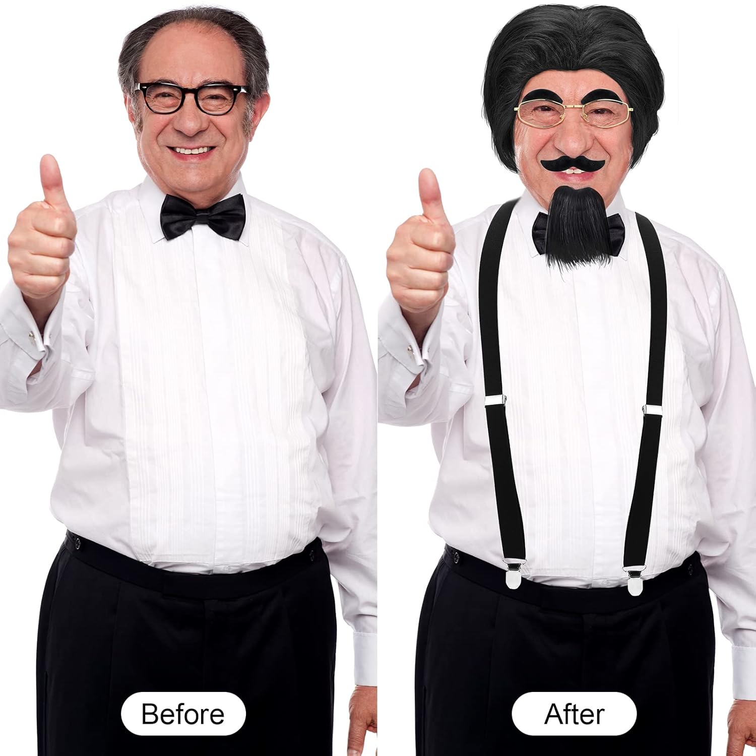 WILLBOND 8 Pcs Old Man Costume Old Man Wig Cane Glasses Faux Eyebrows Mustache Suspenders Bow Tie 100th Day of School Cosplay(Black) - Image 3