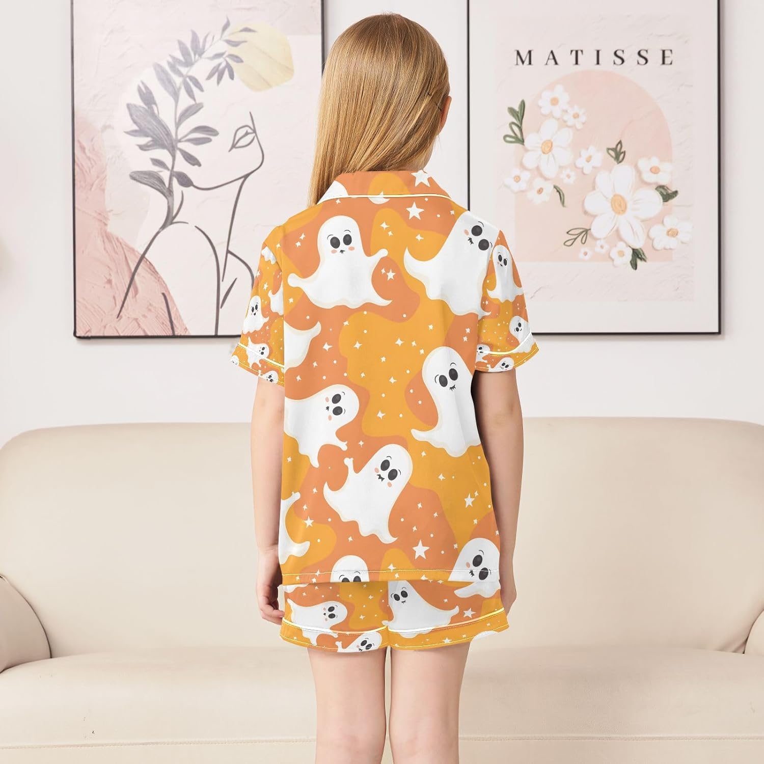 senya Cute Ghosts Halloween Satin Summer Pajama Sets Silk Short Sleeve Button Down Sleepwear