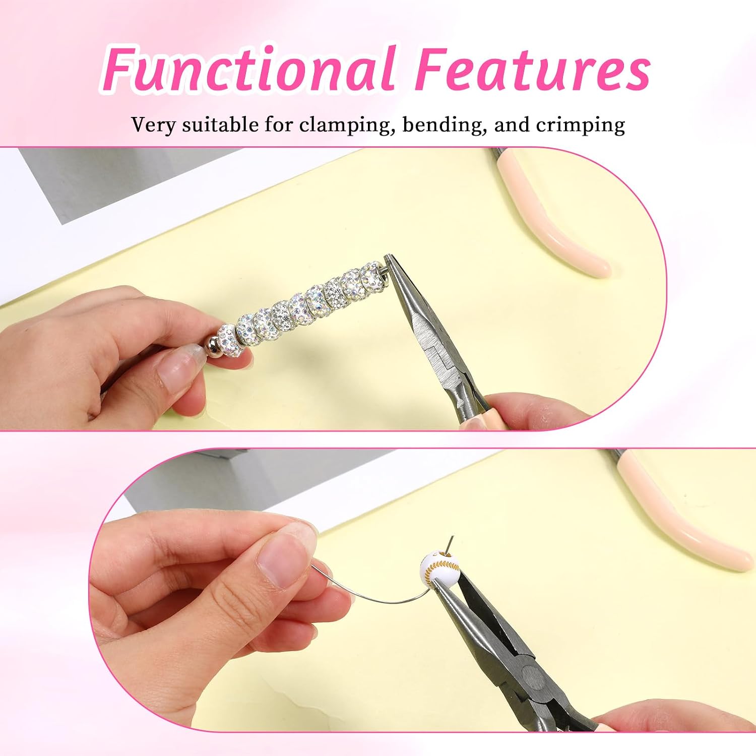 Mini Needle Nose Pliers Set, 2Pcs Needle Nosepliers for Jewelry Making, Pink Jewelry Chain Nose Plier, Small Craft Plier with Smooth Jaw and Comfort Grip Handle for Wire Bending Object Grasping