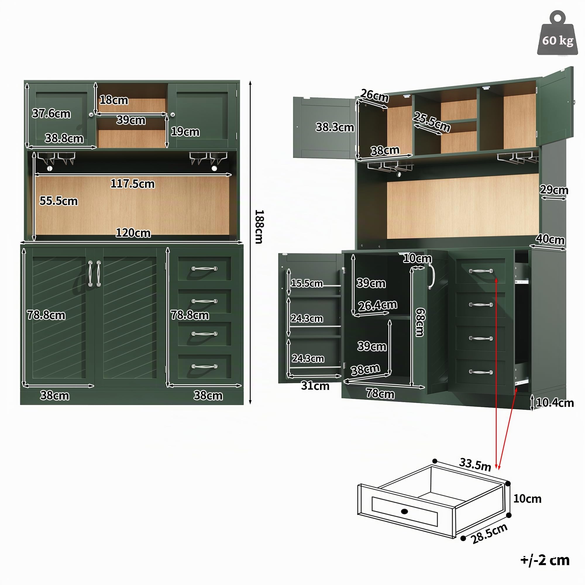 Küchenschrank Hochschrank mit Arbeitsplatte und LED-Licht, Küchenbuffet Buffetschrank mit Getränkehaltern und 4 Türen, Highboard Schrank mit Schubladen und Snackregal, Grün, 120x40x188 cm