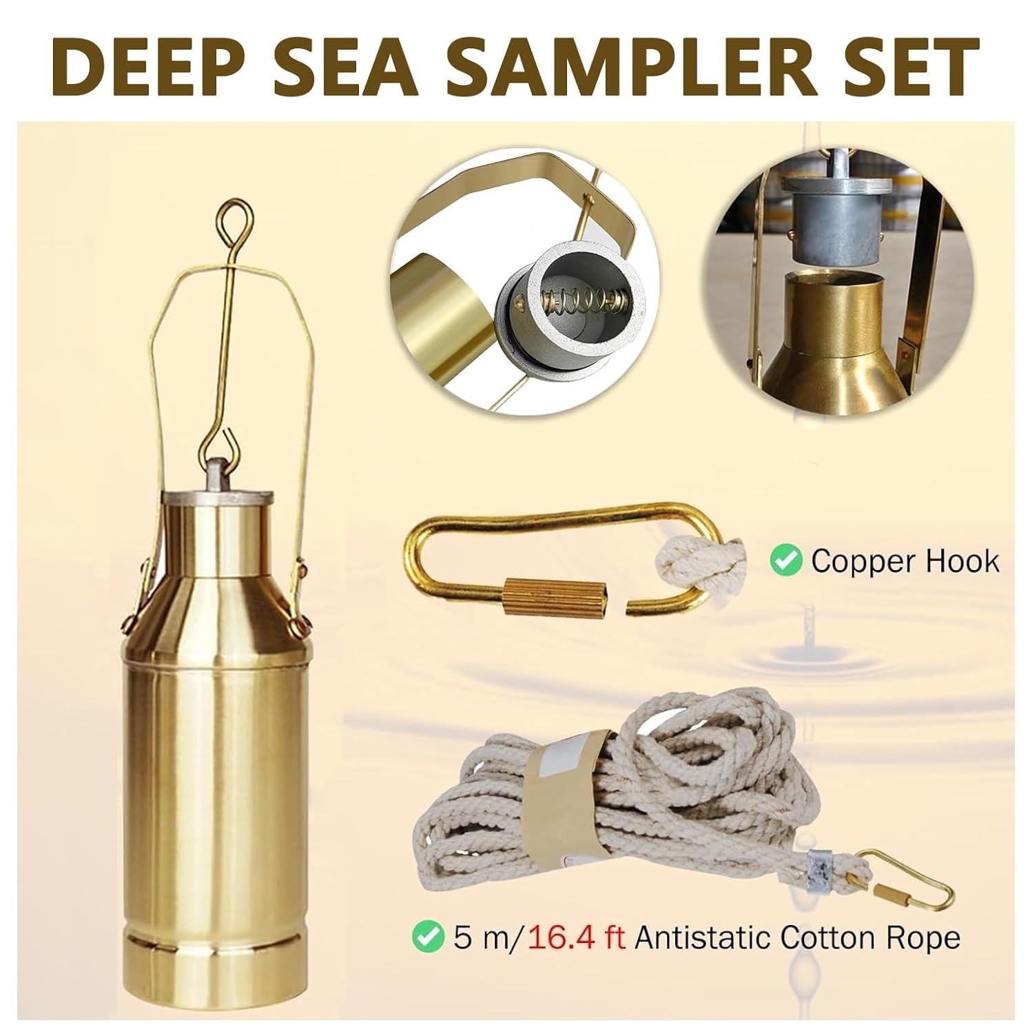 Water Sample Collector Weighted Viscous Liquid Sampler Sampling Bottle with 5 10 15 20 25 30 50 100 M Long Rope Kit(Silver(1000ml),100m/328ft Rope)