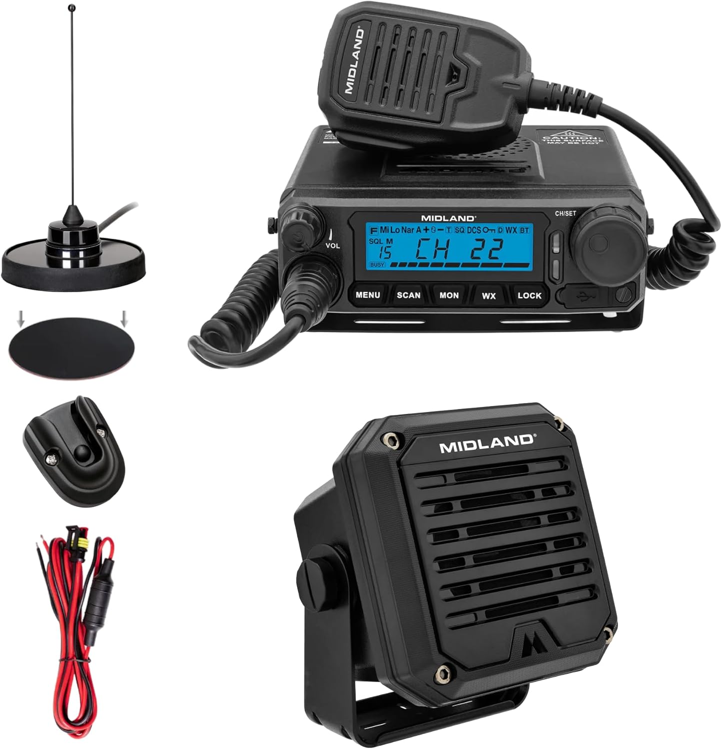 Midland MXT500 50-Watt GMRS MicroMobile Two-Way Radio & SPK200 Amplified External Speaker, Long-Range Vehicle Communication with NOAA Weather Alerts and Enhanced Audio Clarity