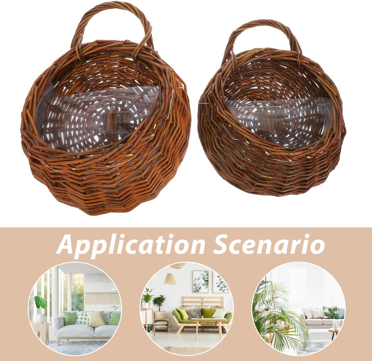 BESTonZON 2Pcs Wicker Hanging Wall Baskets for Plants, Natural Willow Rattan Half Flower Planters to Hang Front Door Outdoor