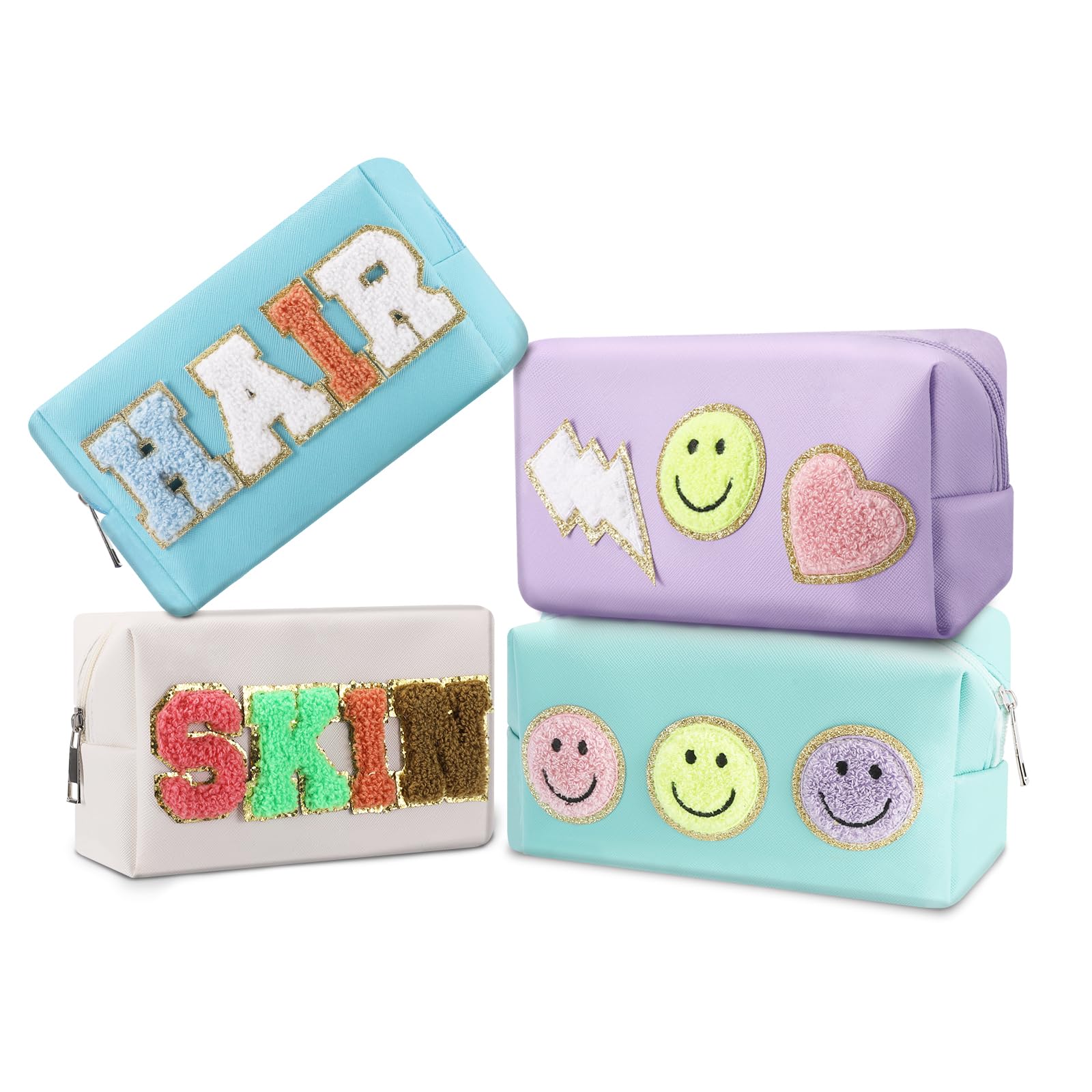 LYOOmaLL 4 Pcs Chenille Letter Preppy Patches Makeup Bag with Zipper PU Leather Waterproof Stoney Clover Makeup Bag Hair Skin Face Stuff Bag for Women