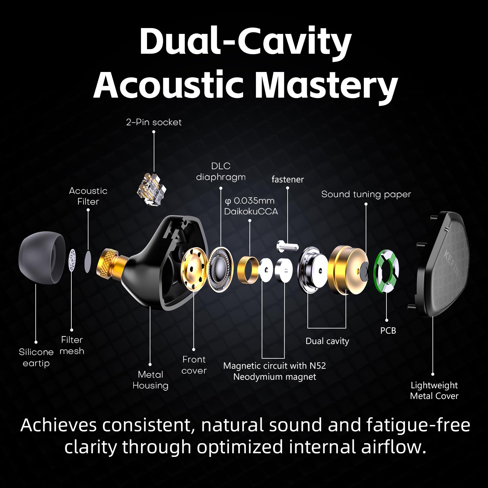 Klean - Auricolari in-ear con diaframma DLC da 10 mm, driver dinamico HiFi, auricolari cablati, auricolari da gioco, ugelli intercambiabili, IEM ibrido, cavo staccabile per musicisti (microfono