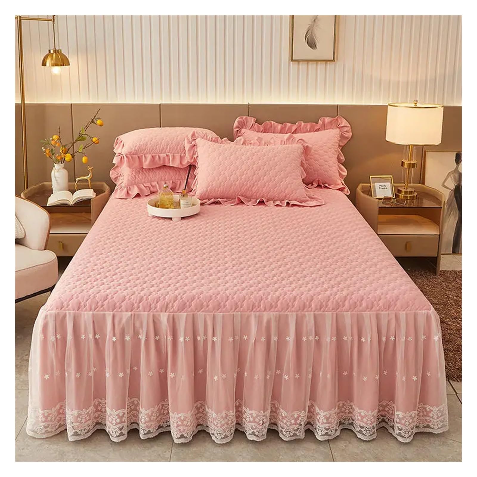 Bed Skirt Cotton Bedding Quilted Lace Embroidery Ruffles Mattress Cover Bedspread Pillowcases 1/3Pcs(Pink,3pcs design 180x220)