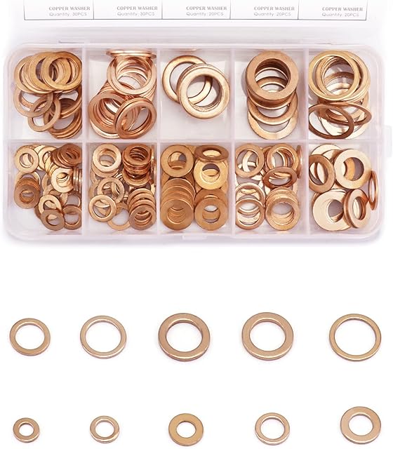 QWORK Copper Washers Assorted Kit, 200 Pcs Flat Copper Sealing Washers Copper Gasket of 9 Sizes (M5 M6 M8 M10 M12 M14)