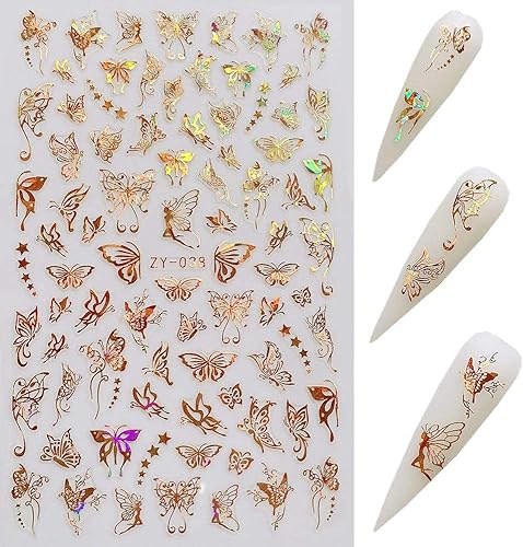 Miniatura 6 de Calcomanías de uñas de mariposa dorada 3D de lujo, diseños cortados con láser, hojas adhesivas para decoración de uñas (8 unidades)