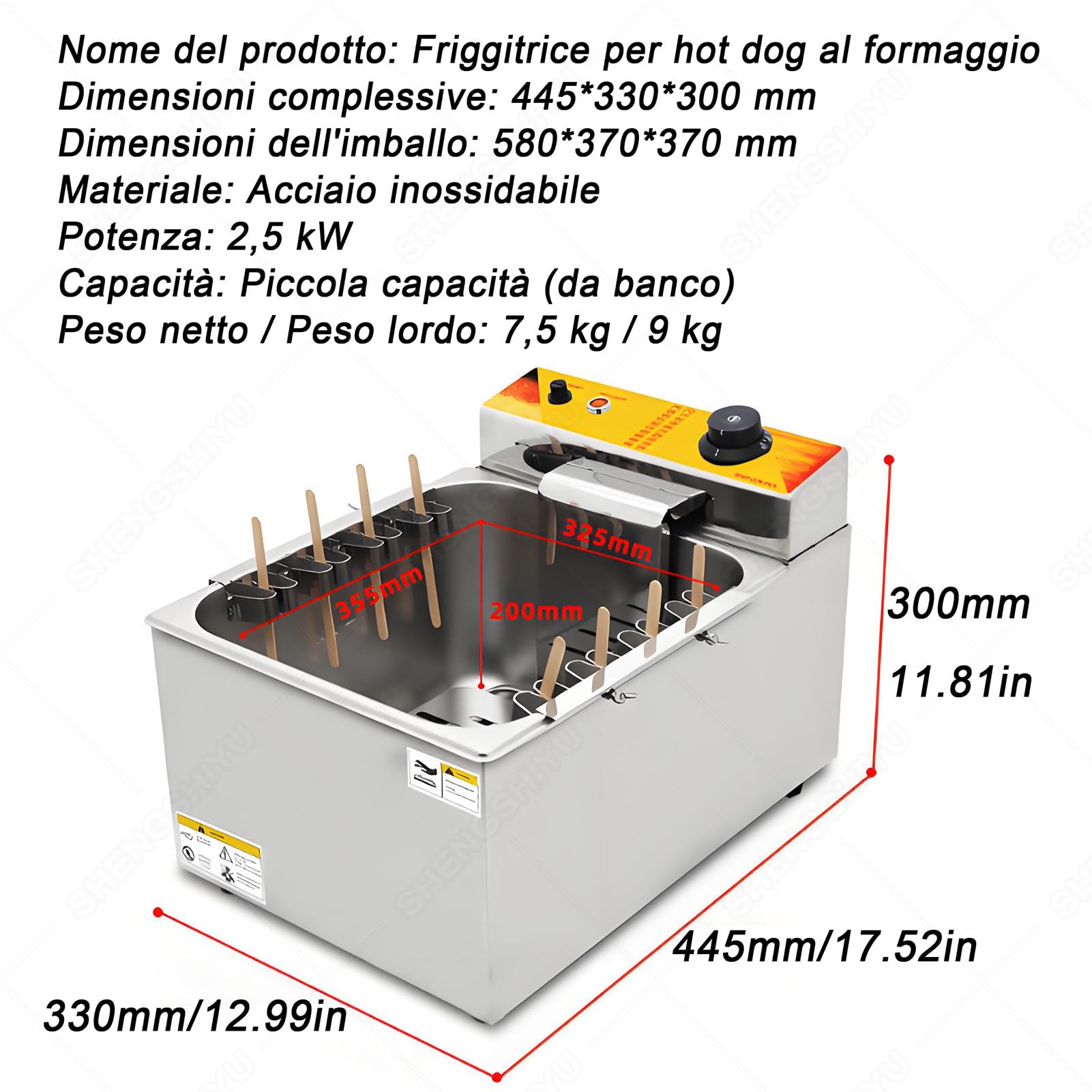 Macchina friggitrice per hot dog formaggio, capacità 12 l, 2,5 kW, regolabile, in acciaio inox, con 8 ganci per uso commerciale