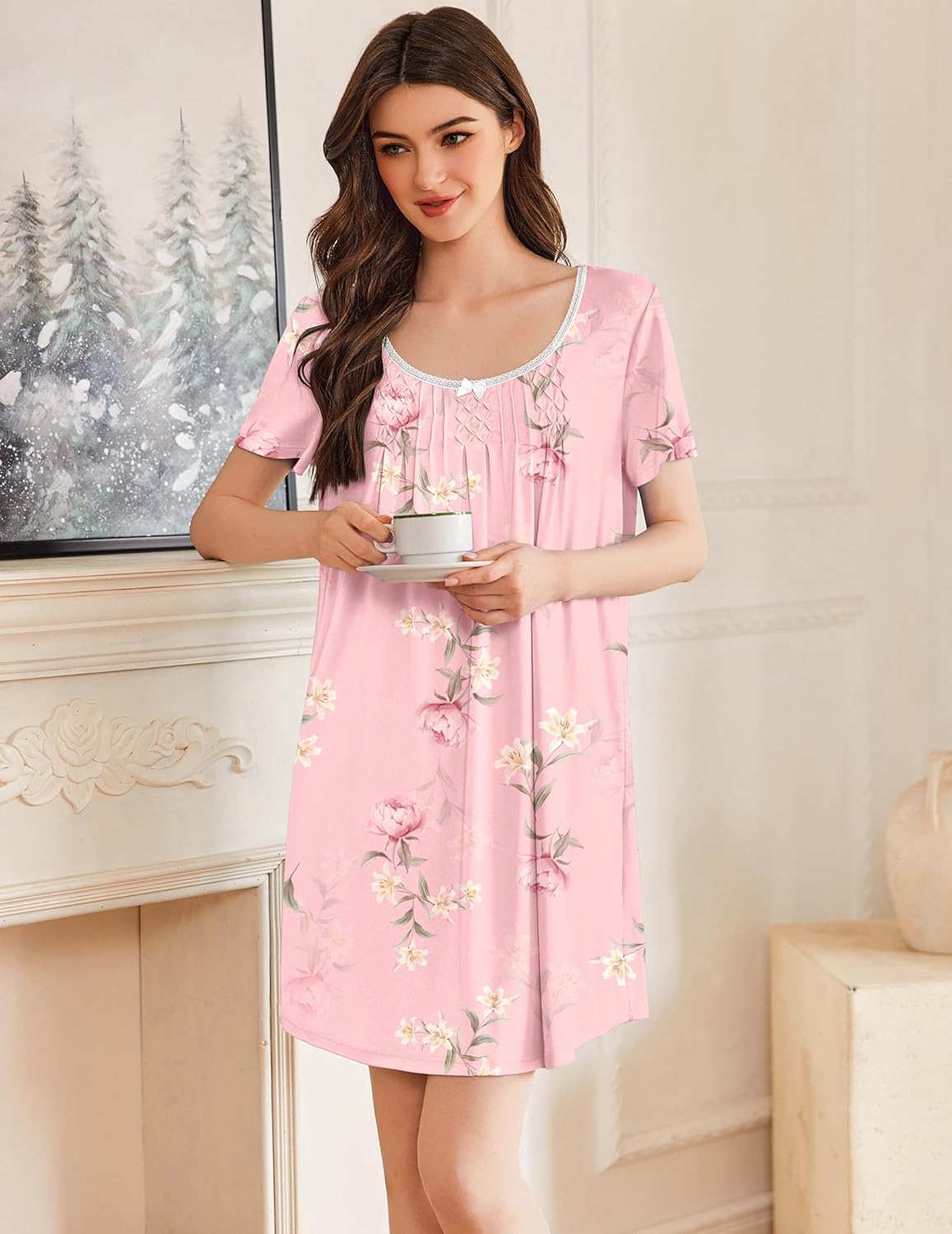 Ekouaer Nightgowns for Women Pleated Sleep Shirts Short Sleeve Night Shirts Lace Trim Night Gown Ladies Sleep Dress - Image 3