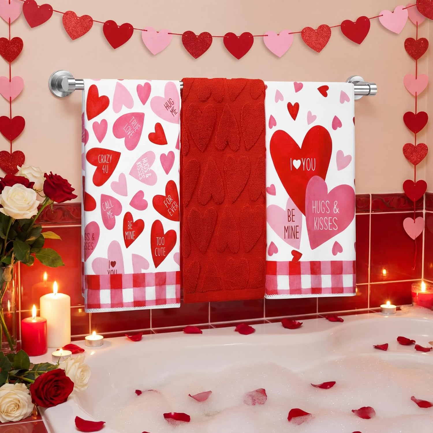 Moukeren 3 Pcs Valentine's Day Hand Towels 16" x 28" Red Pink Heart Decorative Bathroom Towels Valentine's Day Cotton Absorbent Gift Set for Kitchen Bathroom Gift Decor - Image 4