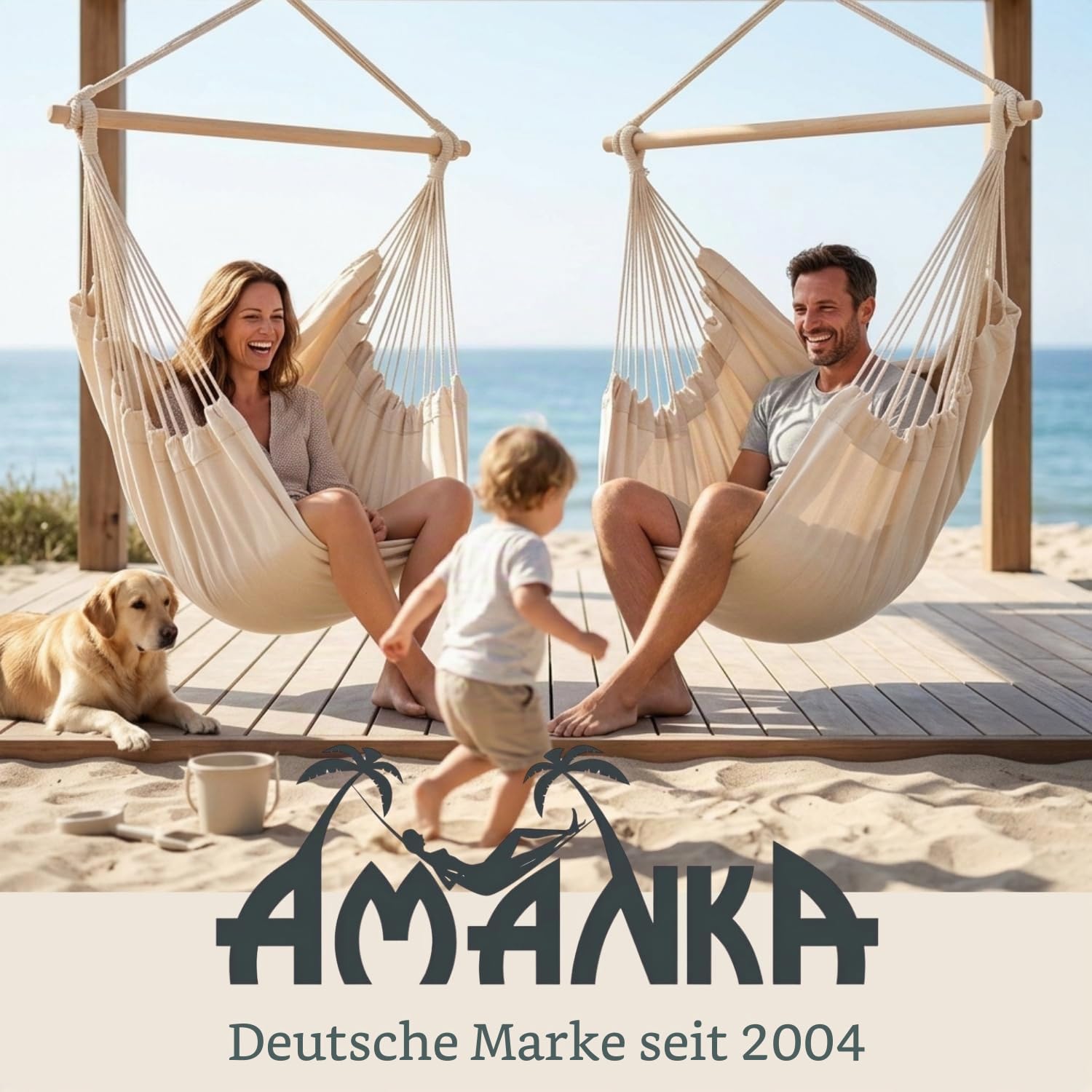 AMANKA Mehrpersonen Hängestuhl XXL Hängematte Familienhängematte max. 150 kg belastbar Riesiger Hängesitz 190x140 cm 100% Baumwolle Hängesessel inkl. Swivel Pazifik Blau