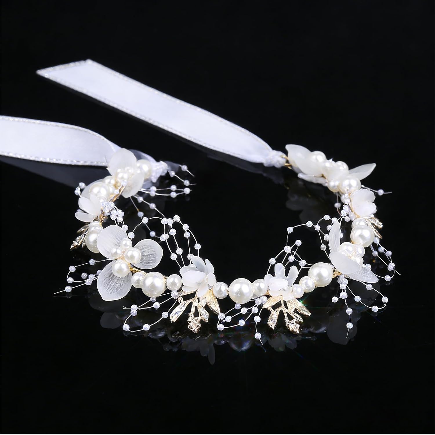 Floral Party Set | 4 Bracelets, 4 Pearl Bow Flower Girl Baskets & 4 Pearl Headbands for Bridal Celebrations