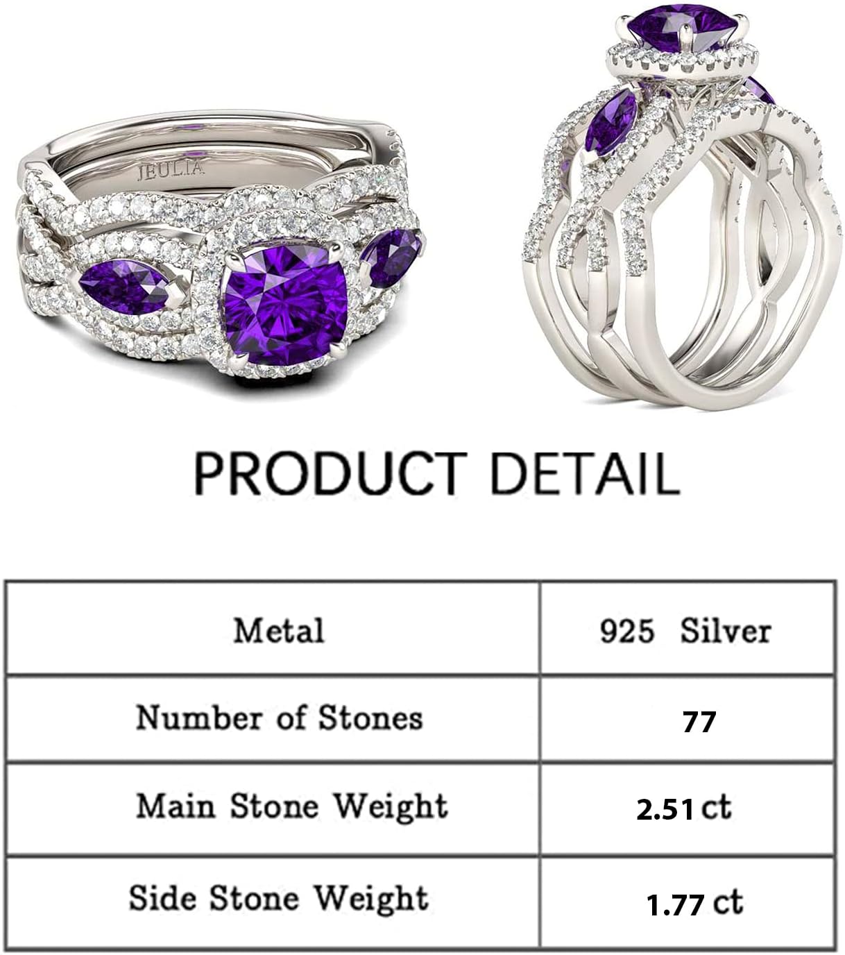 Jeulia Diamond Three Stone Wedding Ring:Sterling Silver Halo Cushion Cut 3PC Purple Amethyst Promise Band Anniversary Crystal Bridal Set with Jewelry Gift Box