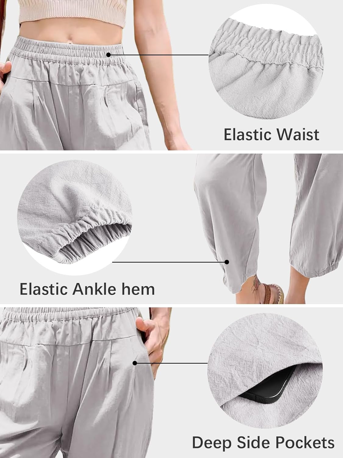 Les umes Women's Cropped Pants Cotton High Waist Wide Leg Capris Casual Loose Harem Pants Trousers with Pockets - Image 5