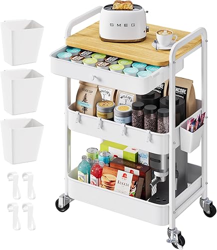 Miniatura 10 de Carrito de metal de 3 niveles con mesa y cajones de madera, carrito de almacenamiento negro sobre ruedas, organizador de carritos de arte de tres