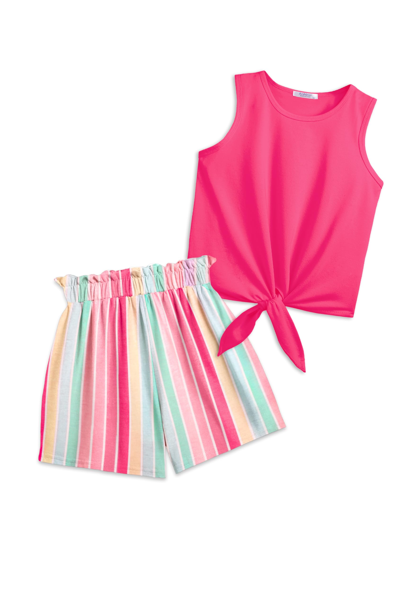 - Girl's 2 Piece Outfits Tie Knot Tank Top and Paperbag Waist Pocketed Summer Short Sets