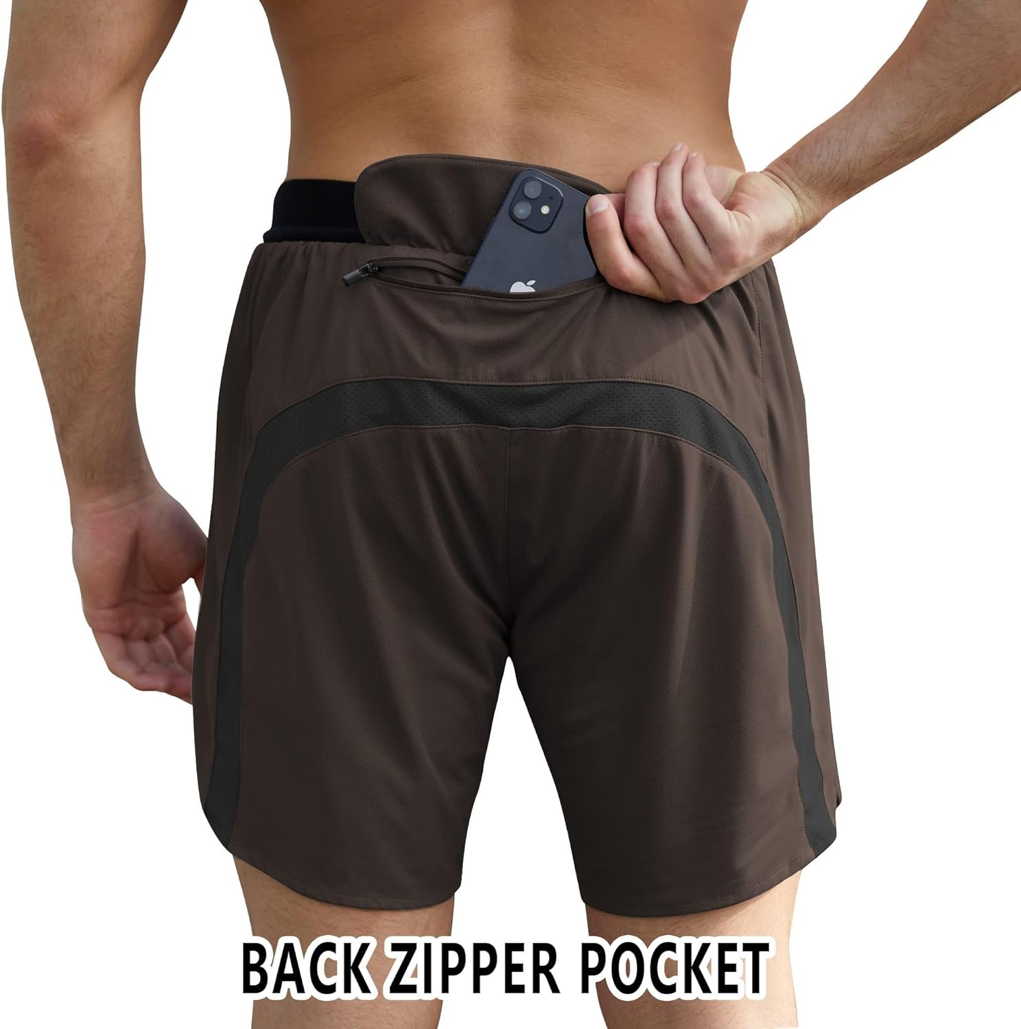 ENVMENST Men's 2 in 1 Workout Running Shorts with Liner, Athletic Gym Shorts with Pockets Brown