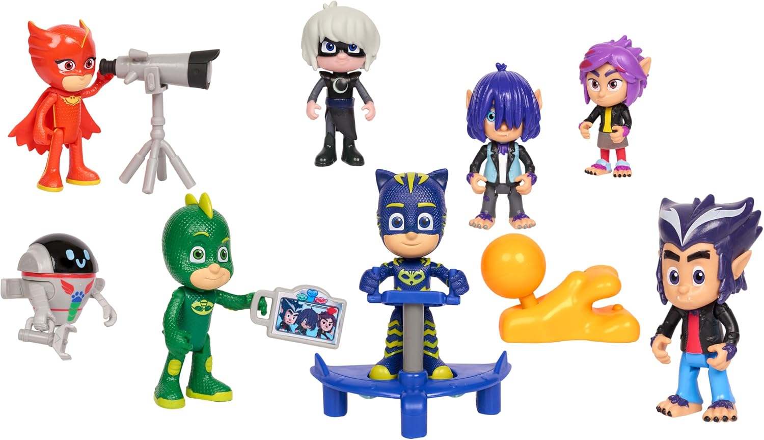 PJ Masks figures, including Owlette with a telescope and Gekko with a tablet, alongside other figures and accessories.