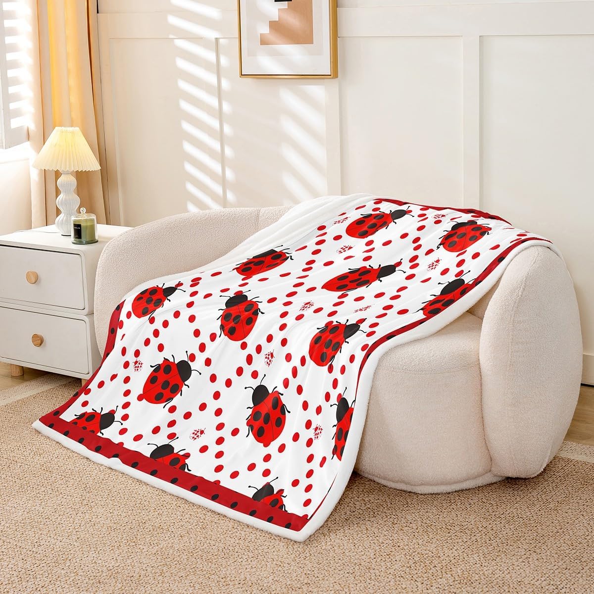 Feelyou Cute Ladybird Fleece Throw Blanket Black Red Ladybird Blanket for Kids Adult Boys Girls Kawaii Animal Plush Blanket Wave Dot Fuzzy Blanket for Sofa Bed Couch,Throw 50x60 Inches