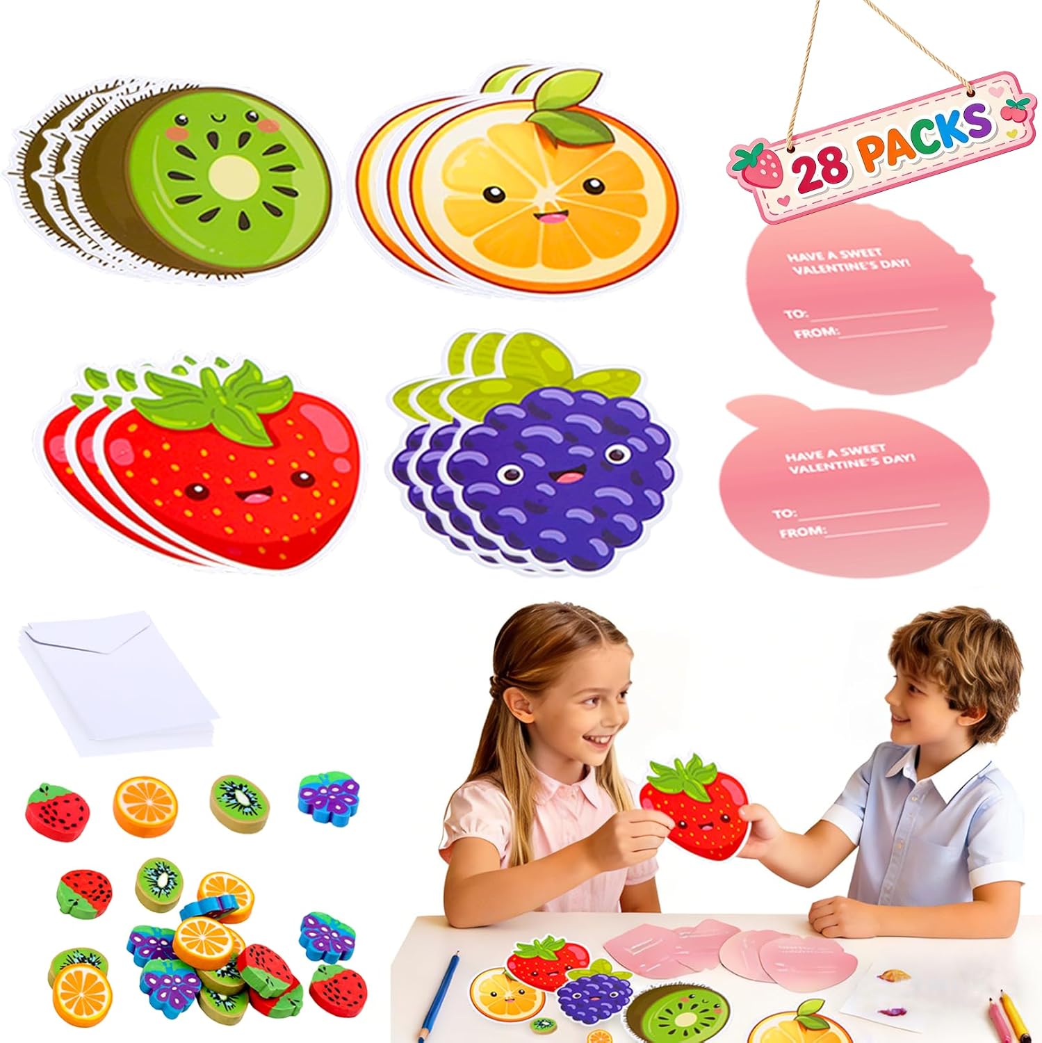 Valentines Day Cards for Kids School Classroom - Valentines Day Cards with Scent Fruit Erasers Envelopes, Classroom Rewards and Prize Exchange Gifts for Boys Girls Party Favors