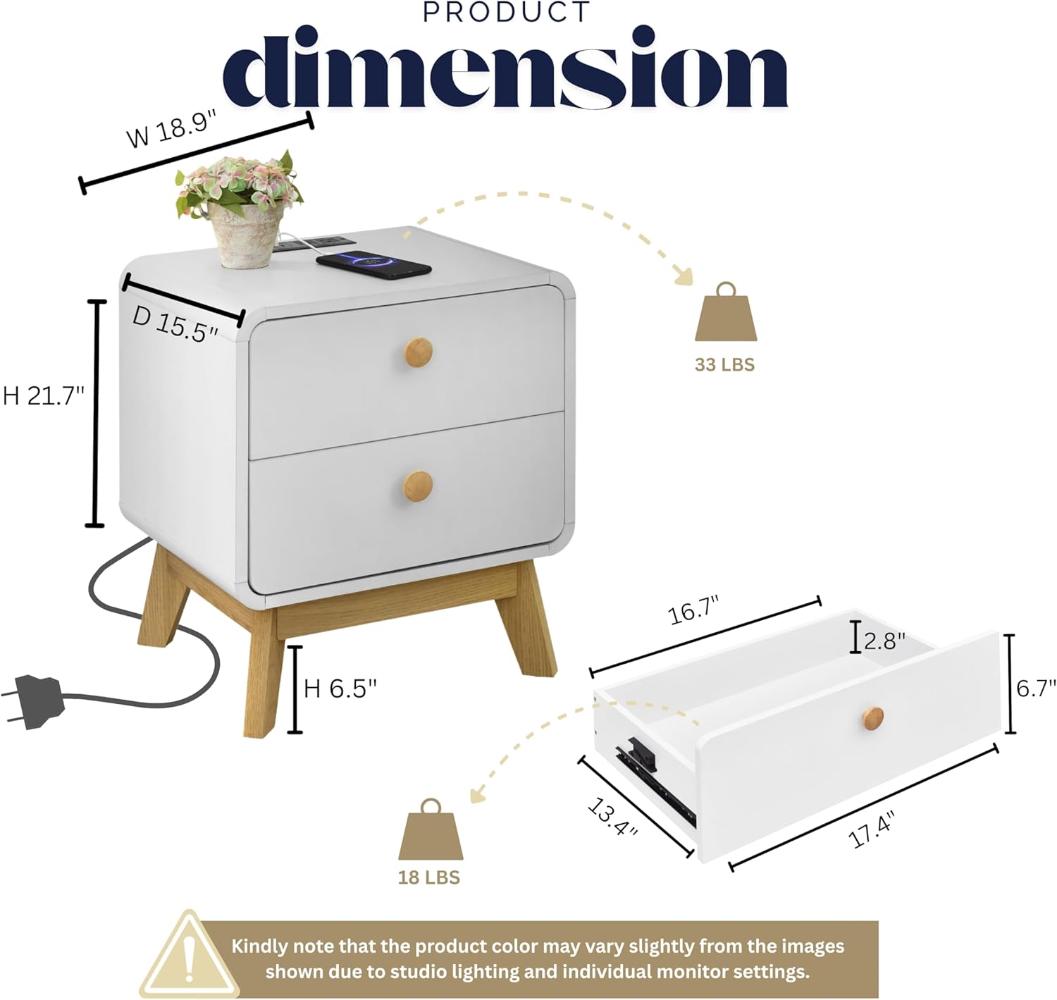 ELISA HOME Aries Set of 2 Nightstands with Charging Station, 2 Drawer Bedside Tables with Storage, Night Stands for Bedroom, End Table or Side Table for Living Room, 15.5" x 18.9" x 21.7", White