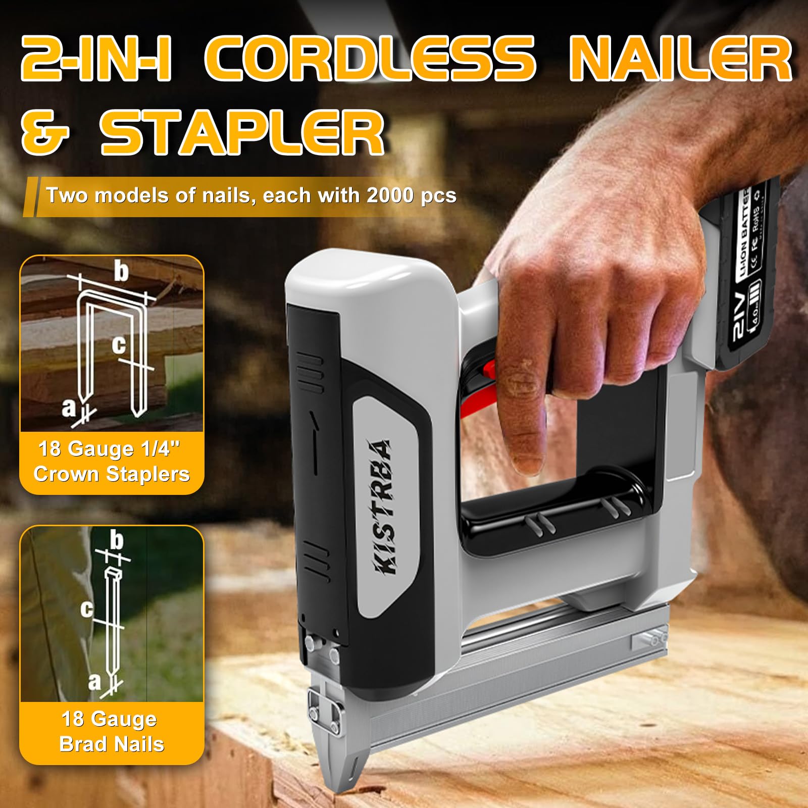 Pistola de clavos 2 en 1 con batería de 4,0 Ah, compatible con Makita 18 V | Motor con cepillo de 800 W, sin retroceso, con 2000 clavos rectos y 2000 clavos en forma de U, para madera, tela, alfombra