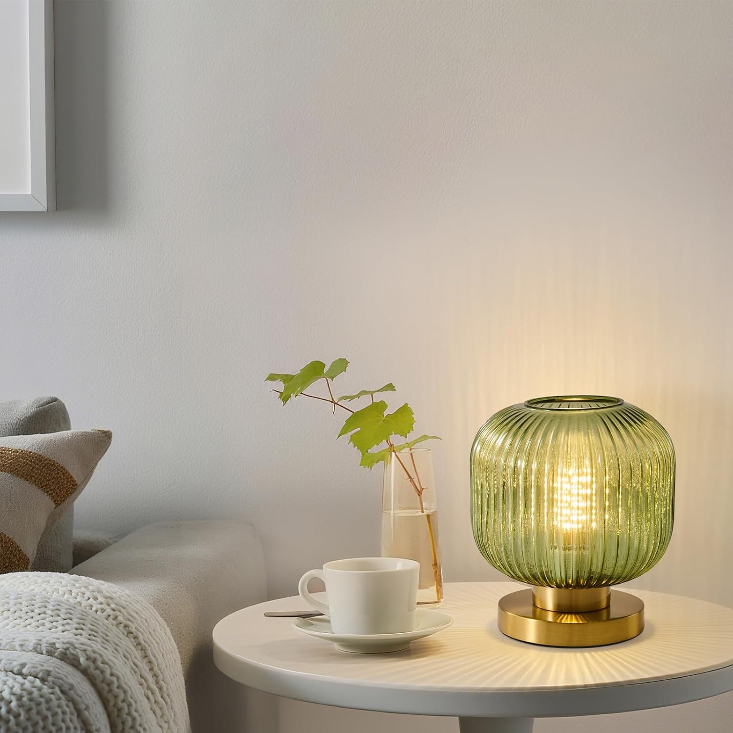 Small Green Glass Table Lamp: Mid Century Modern Dimmable Nightstand Lamps - Vintage Decor Brass Desk Lamp With Plug - Ribbed Glass Bedside Tables Lamps for Bedroom Living Room Office Bulb Excluded