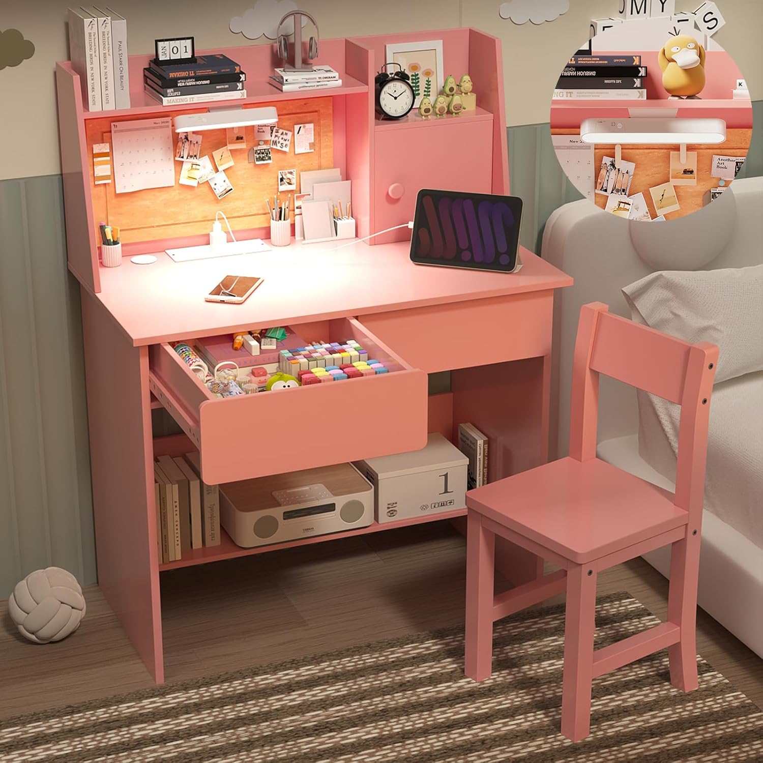 Amazon.com: SFDOU Kids Study Desk with 3-Color Lights, Pink Desk and ...