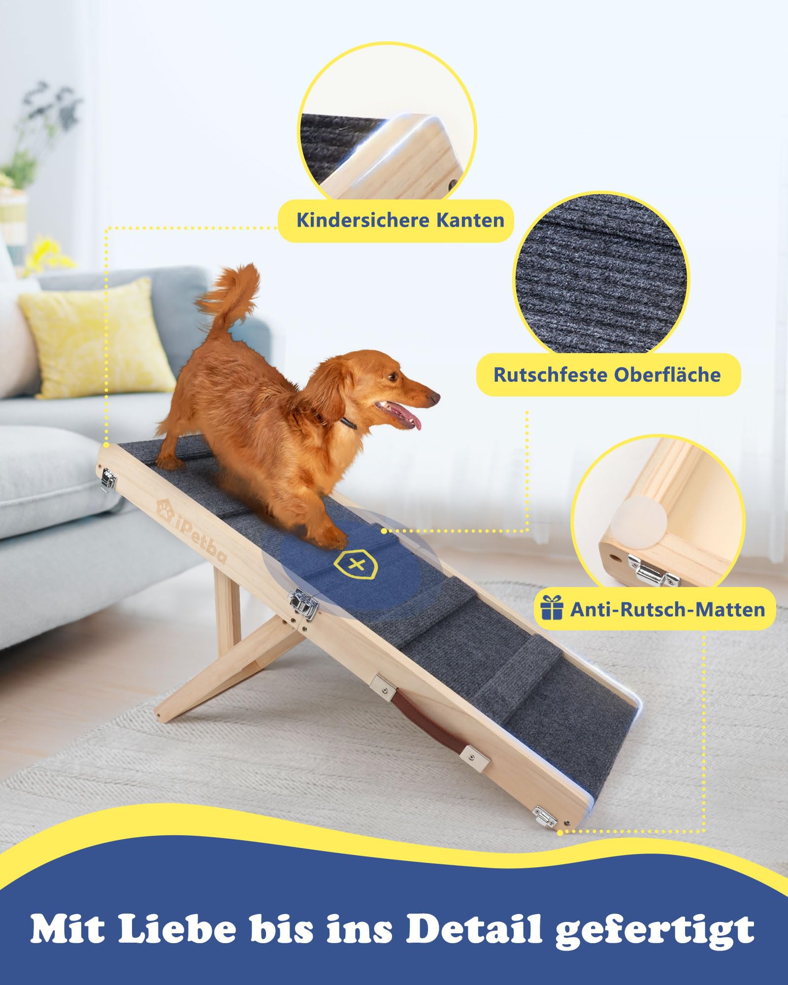Hunderampe für Sofa und kleine Hunde bis 16 kg, Rampe für Couch und niedrige Möbel, aus Holz, höhenverstellbar, klappbar, rutschfest