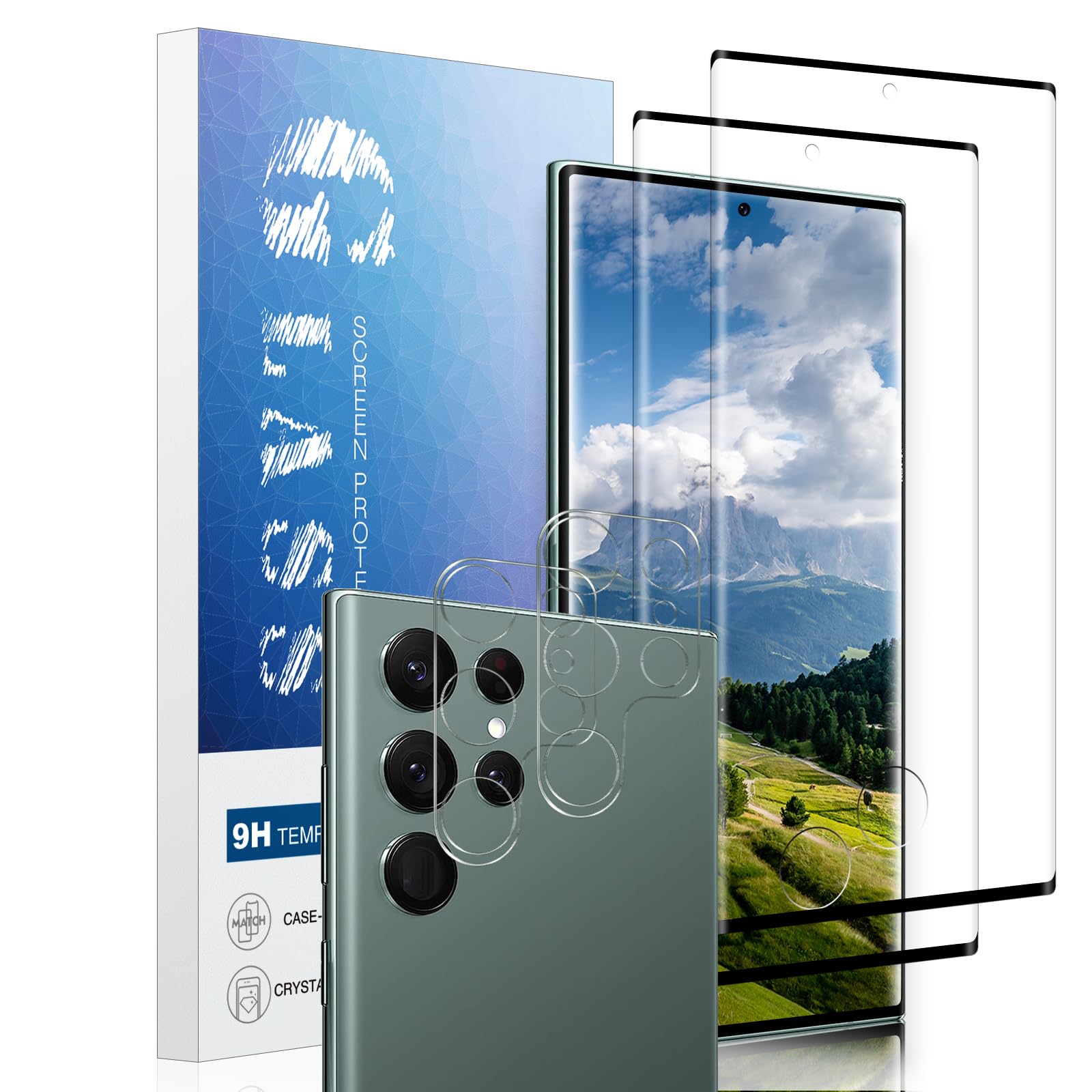 For Samsung Galaxy S22 Ultra Screen Protector, Tempered Glass Curved Full Coverage, Ultra HD Saver Shield Film, Anti-Scratch, Touch Sensitive, 2 Curved Screen Protectors + 2 Camera Lens Protectors