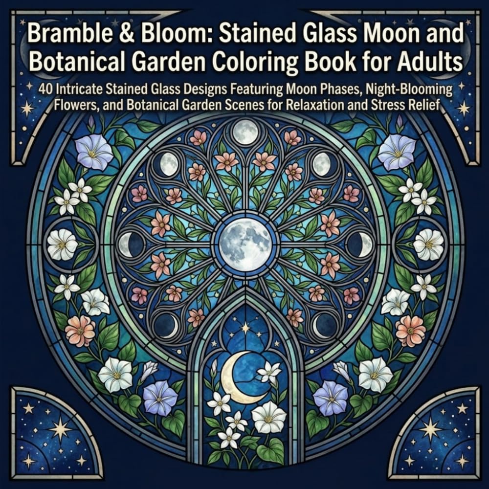 Bramble & Bloom: Stained Glass Moon and Botanical Garden Coloring Book for Adults: 40 Intricate Stained Glass Designs Featuring Moon Phases, ... Scenes for Relaxation and Stress Relief