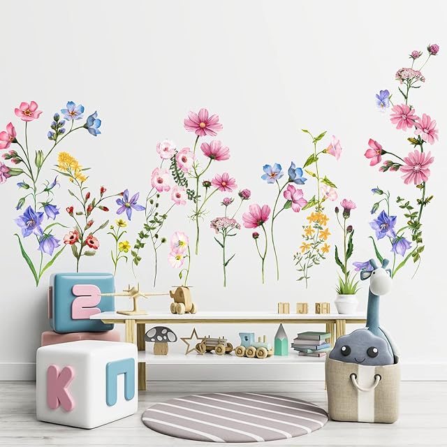 Colorful Flowers Vines Plants Wall Decals, MOCOLOM Removable Green Leaves Peel and Stick Wall Stickers, Elegant Floral Art Mural Wallpaper for Baby Kids Bedroom Bathroom Living Room Home Decoration