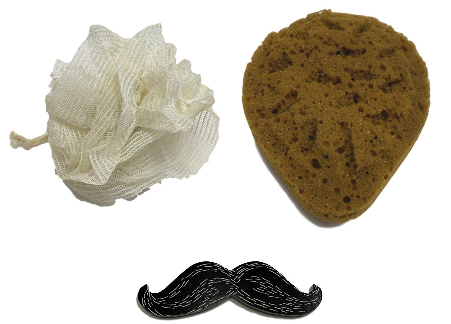 Best Clearance Deal 3 Piece Kit All Natural Bath Mesh Pouf & Sponge Essential Shower Supplies Luffa Scrubber Mustache Nail File Set for Couple His Her Parent Grandparent