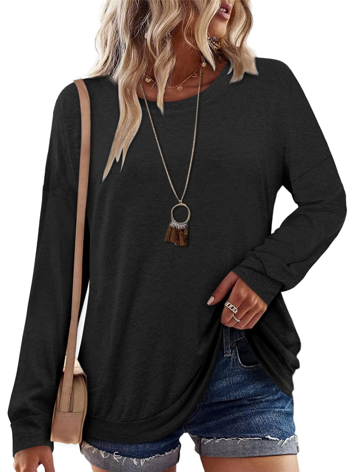onlypuff Long Sleeve Tunic Top for Women Casual Loose Fitting Fall Fashion Clothing with Pockets