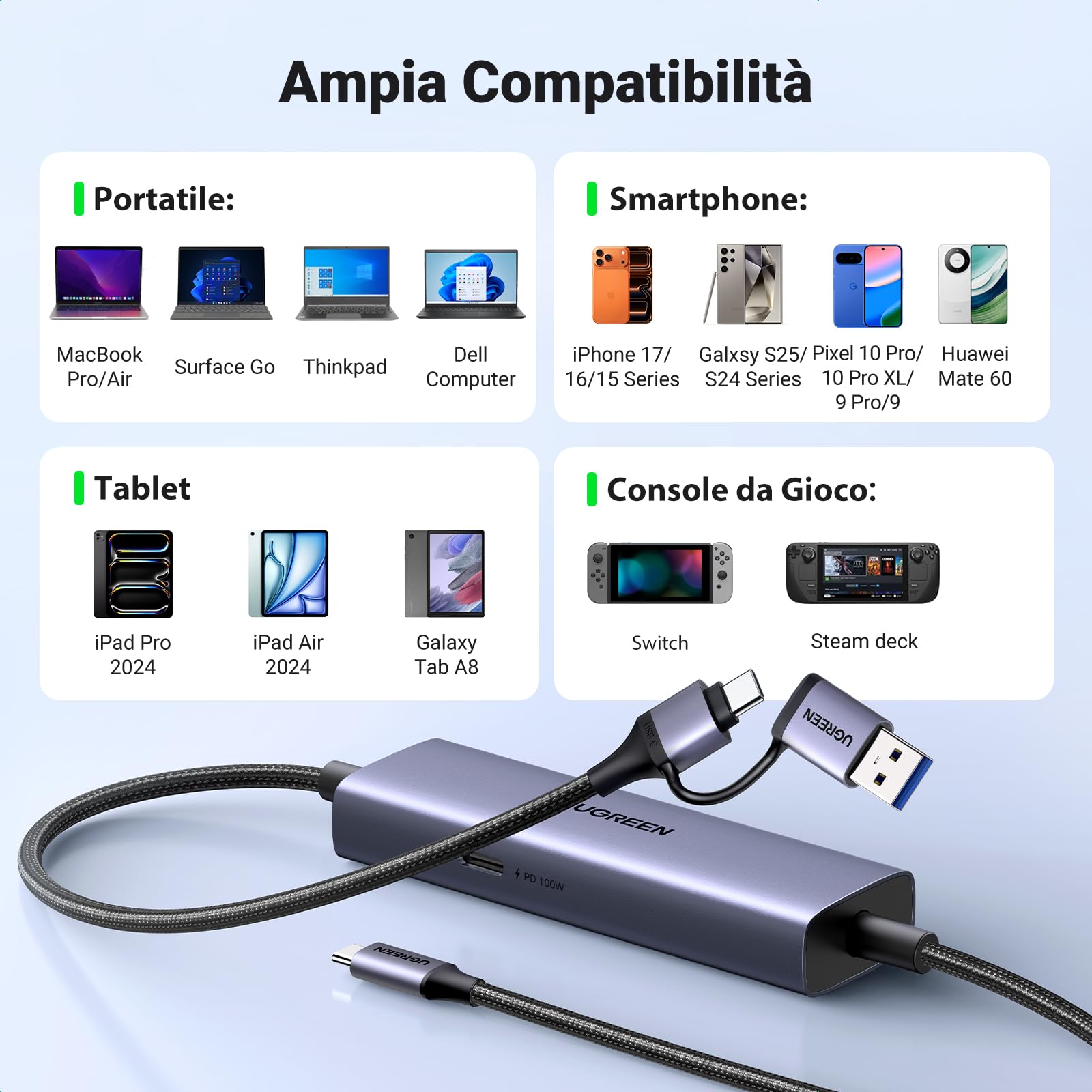 UGREEN Scheda di Acquisizione e Ricarica Video PD 100W Capture USB A 3.0 Tipo C 4K 2K 30Hz 60FPS Registrazione in Loop Streaming Compatibile con Switch/Steam Deck/ipad/iPhone/PC