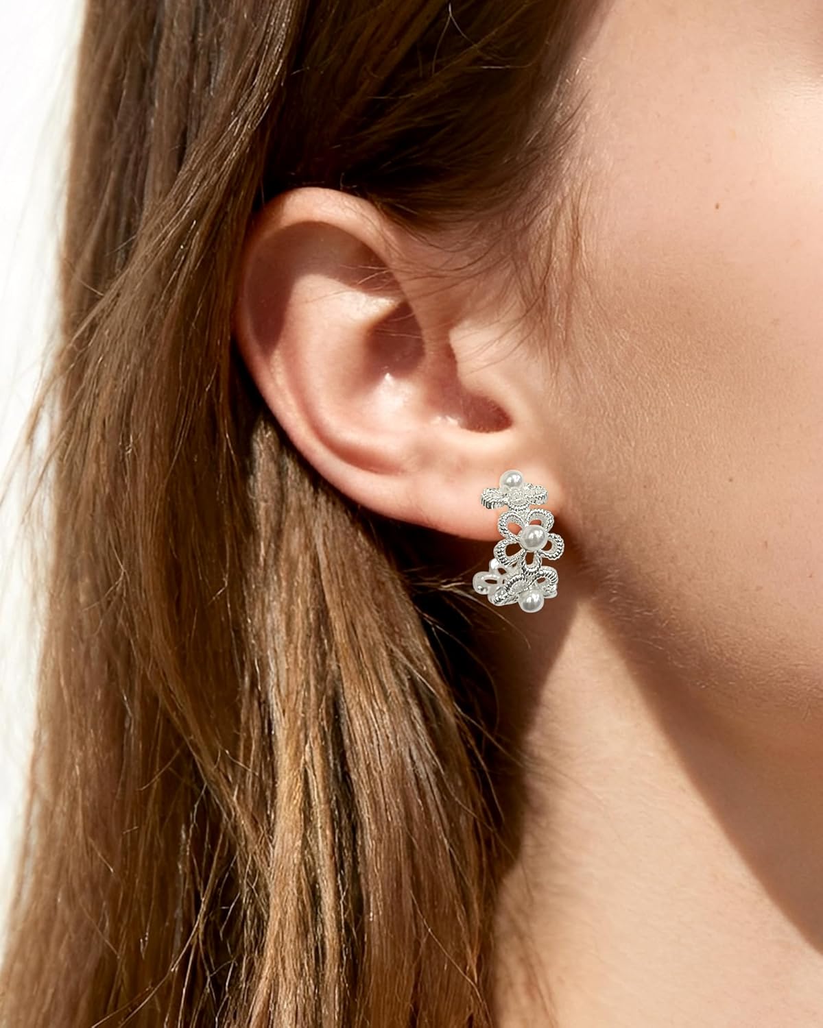 Flower Shaped Hoop Earrings for Women 925 Sterling Silver Half Hoop Earrings with Tiny Pearl Open Hoops for Wedding Bridesmaid or Daily - Image 4