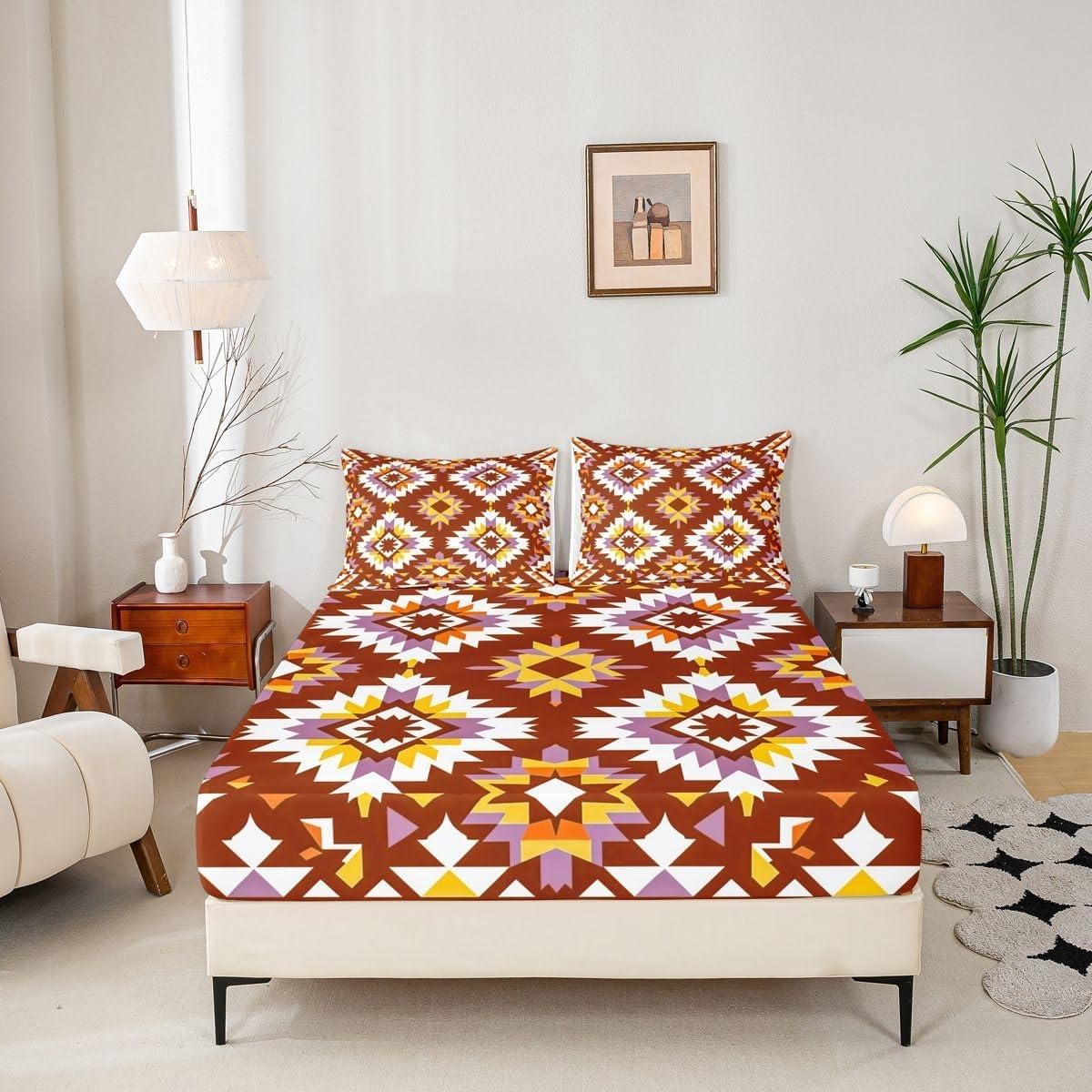 Geometry Fitted Sheet Ethnic Style Bed Sheets Deep Pocket 12 inch (30 cm) Soft Cozy 3 Piece Microfibre Bed Sheet 200x200 cm with 2 Pillowcases 50x75 cm