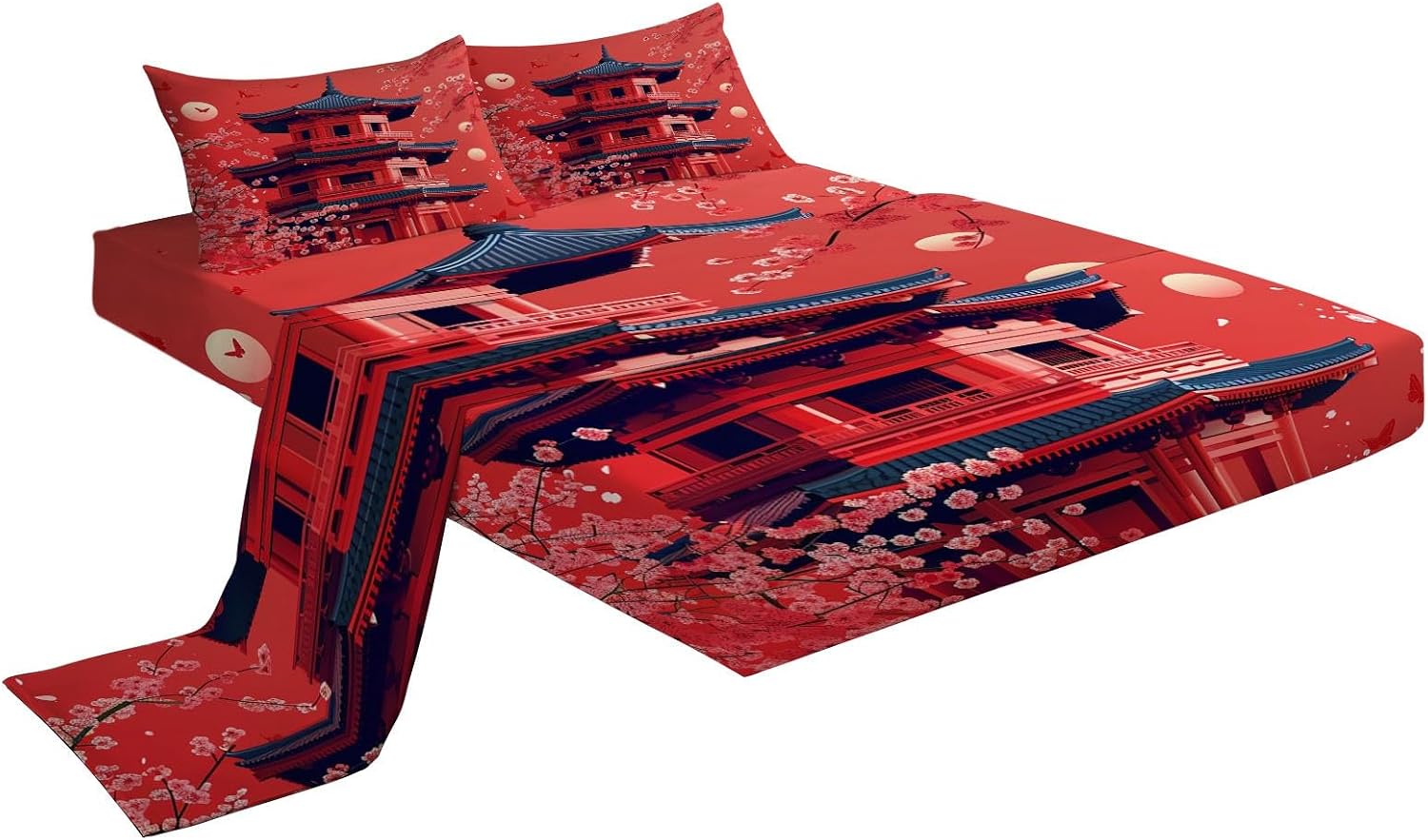 Print Fitted Sheet Set Queen Size for Kids Boys Girls, Red Bed Sheets Ukiyoe Style Architecture Pattern Fitted Sheet Adults Flat Sheet Soft Luxury, Home Room Decor 4Pcs