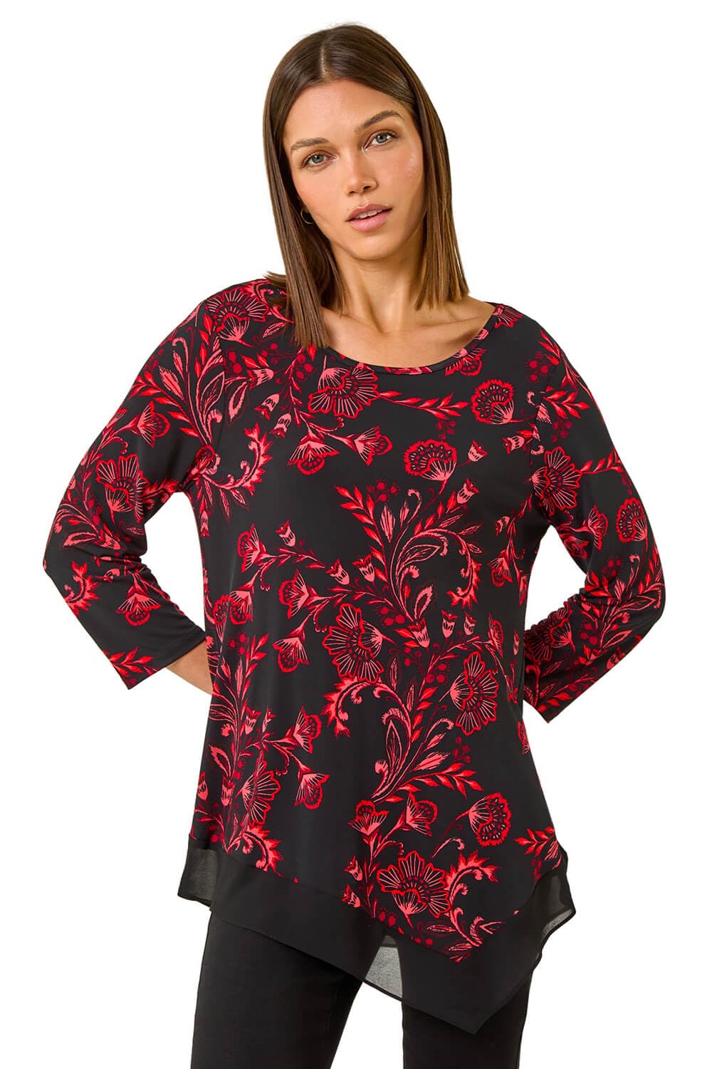 Roman Originals Women's Red Chiffon Hem Top For Uk - Asymmetric Hemline Stretchy Blouse Summer Spring Evening Vacation Work Holiday Short & Long Sleeve Smart Casual - Size 12