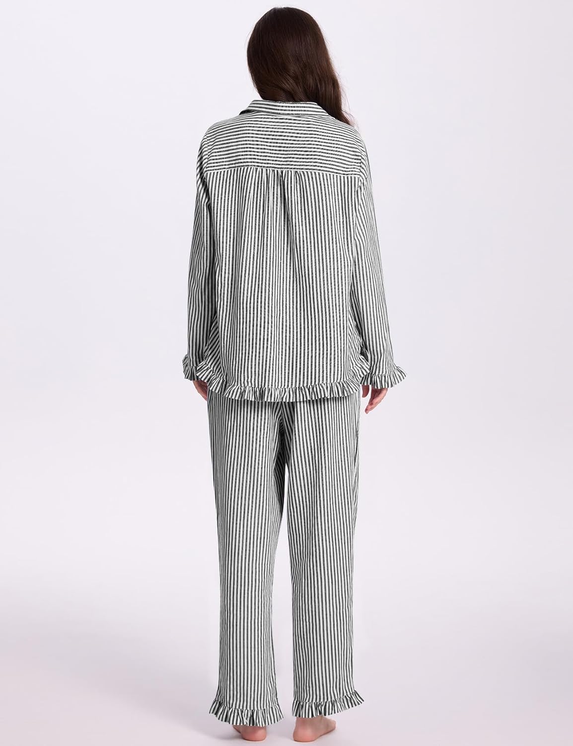 COZYPOIN Womens Striped Pajamas Set 2 Piece Cotton Button Pjs Sleepwear Cute Ruffle Long Sleeve Shirt Pants Lounge Set - Image 4