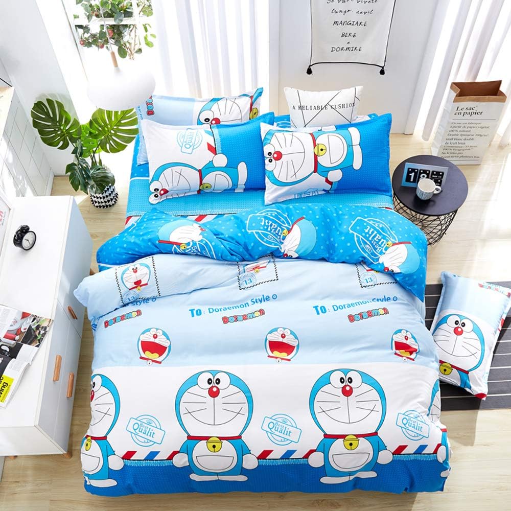 Cartoon Doraemon Simple Brief Polyester Microfiber Duvet Cover Set Bedsheet Pillowcases Bedding Set 4pc Full Size 78"x90"(200x230cm)