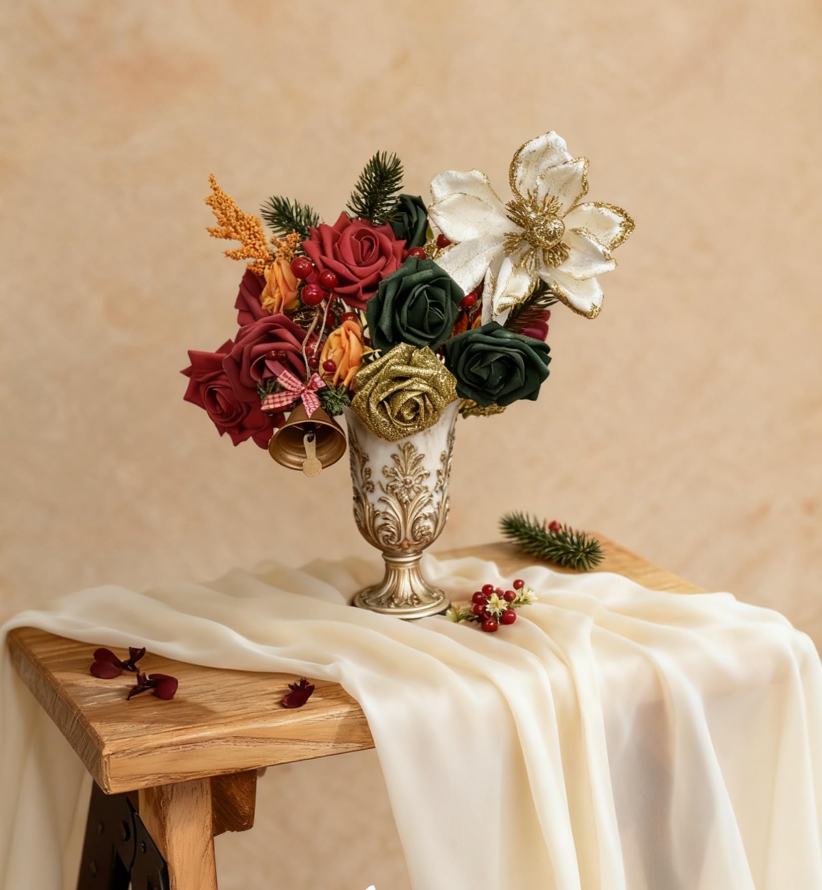 Künstliche Weihnachtsblumen-Box, Rosen, Weihnachtssterne, Stechpalme, künstliche Seidenblume für Heimwerker, Tischdekoration, Weihnachtsbaumschmuck, Weihnachtskranz, Urlaub, Zuhause, Party-Dekoration