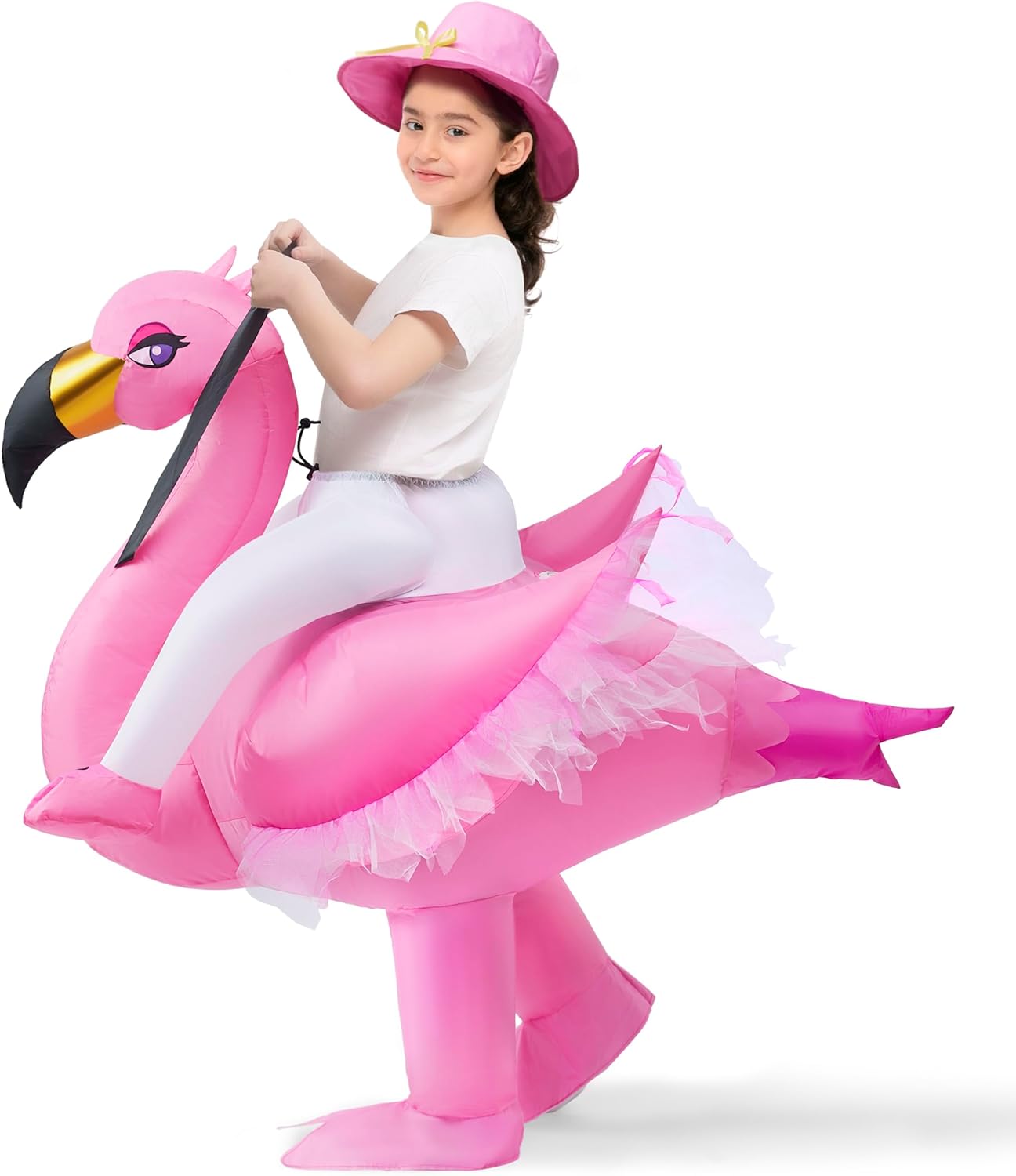 Spooktacular Creations Kids Inflatable Costume, Pink Riding an Elegant Flamingo, Halloween Ride-on Flamingo Costumes, Funny Blow Up Inflatable Suit for Girls, (Pink, M) Medium