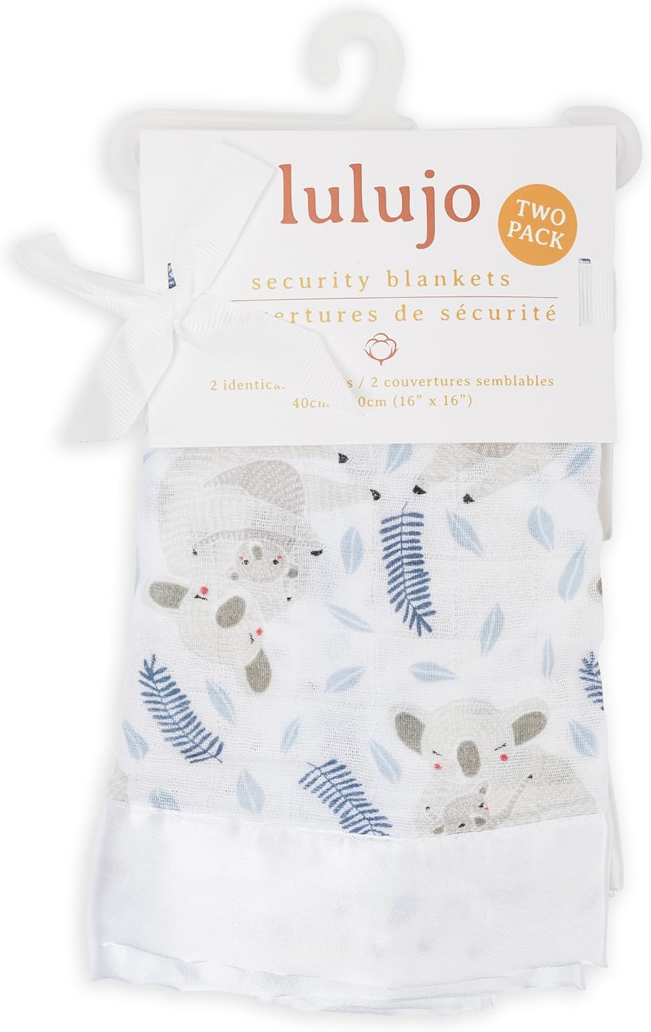 Lulujo Unisex Breathable Cotton Muslin Security Blanket with Silky Satin Trim Neutral Comforting Blanket, 16″ x 16″, Koala
