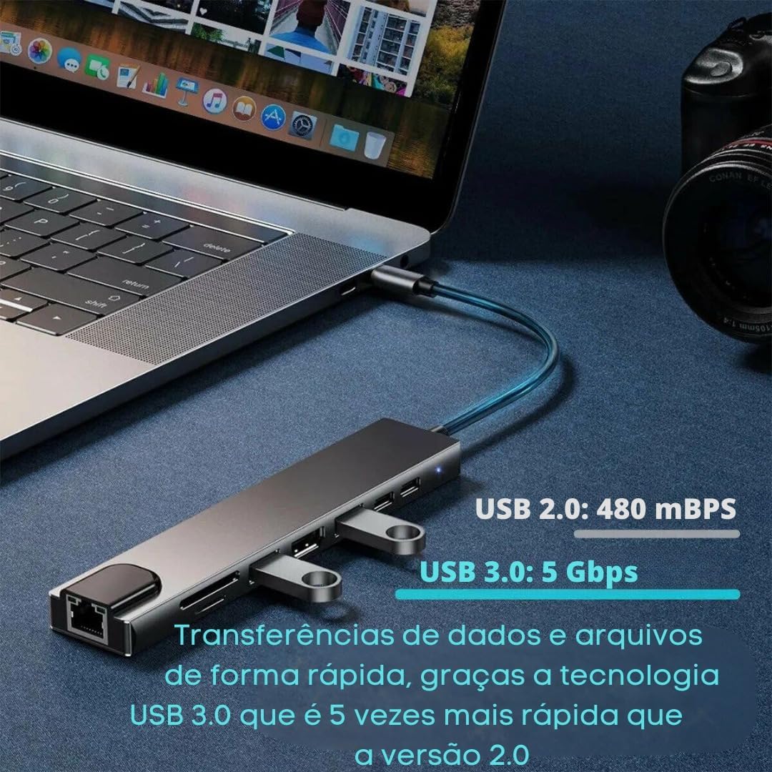 Adaptador Hub 8 em 1 USB-C com HDMI 4K + VGA + RJ45 + PD 100W + 2 USB 3.0 + SD/TF - Para MacBook, Windows, Chromebook, Notebook, Tablet e Celular - Conversor Multiportas USB-C para HDMI/VGA/Ethernet