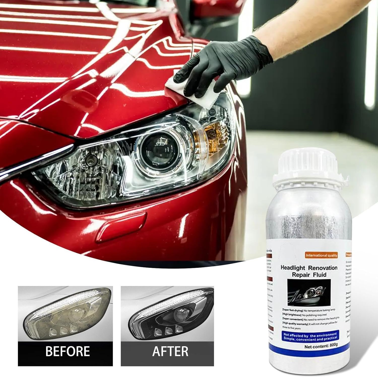 ヘッドライトリフォーム修理液、ヘッドライトレンズ修復液、800gのヘッドライトポリッシュ液 - 酸化、汚れ、かすみを即座に除去し、車