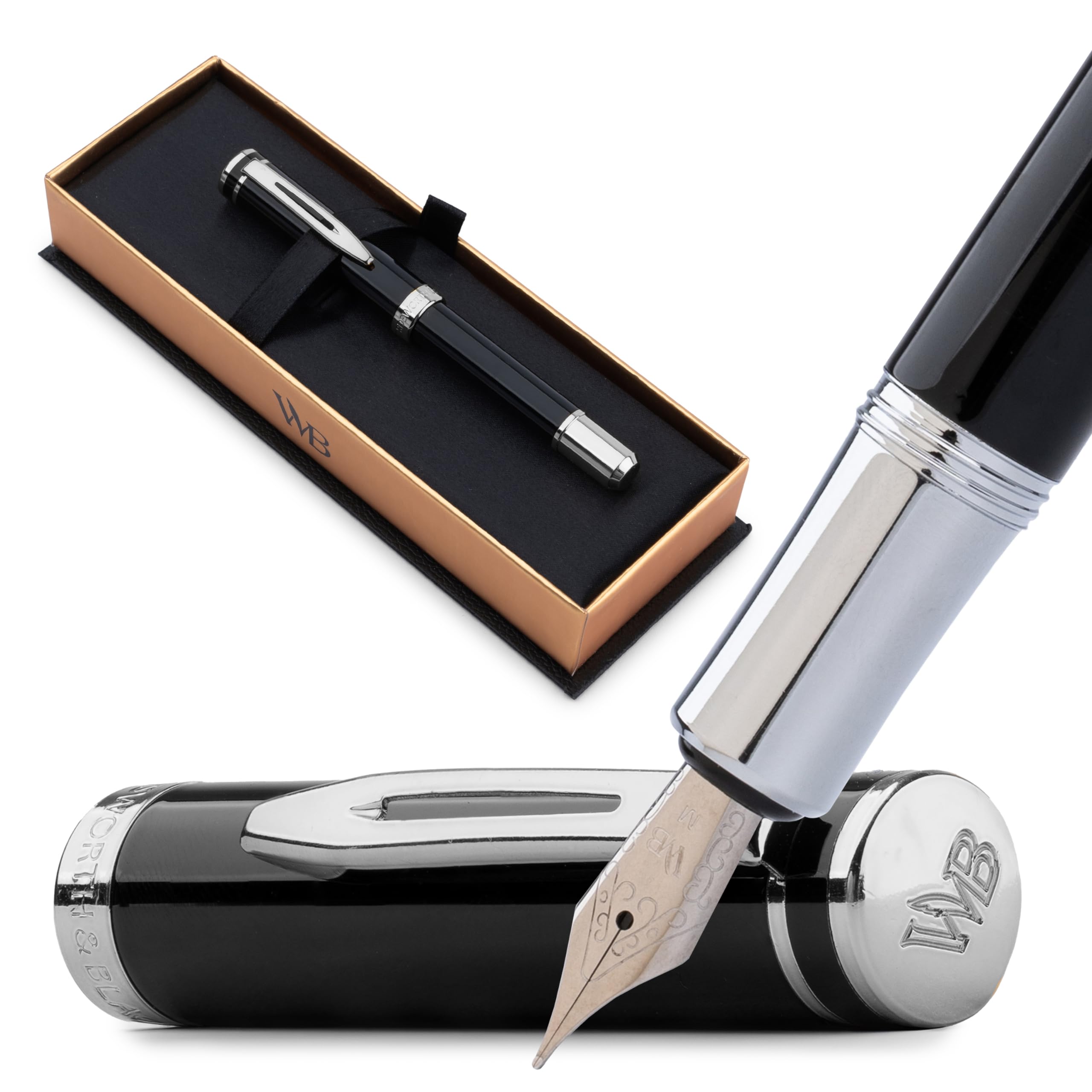 Wordsworth and Black Fountain Pen Mini EDC: Luxury Black Heavy Pocket Pen, Chrome Finish, Medium Nib, 6 Ink Cartridges
