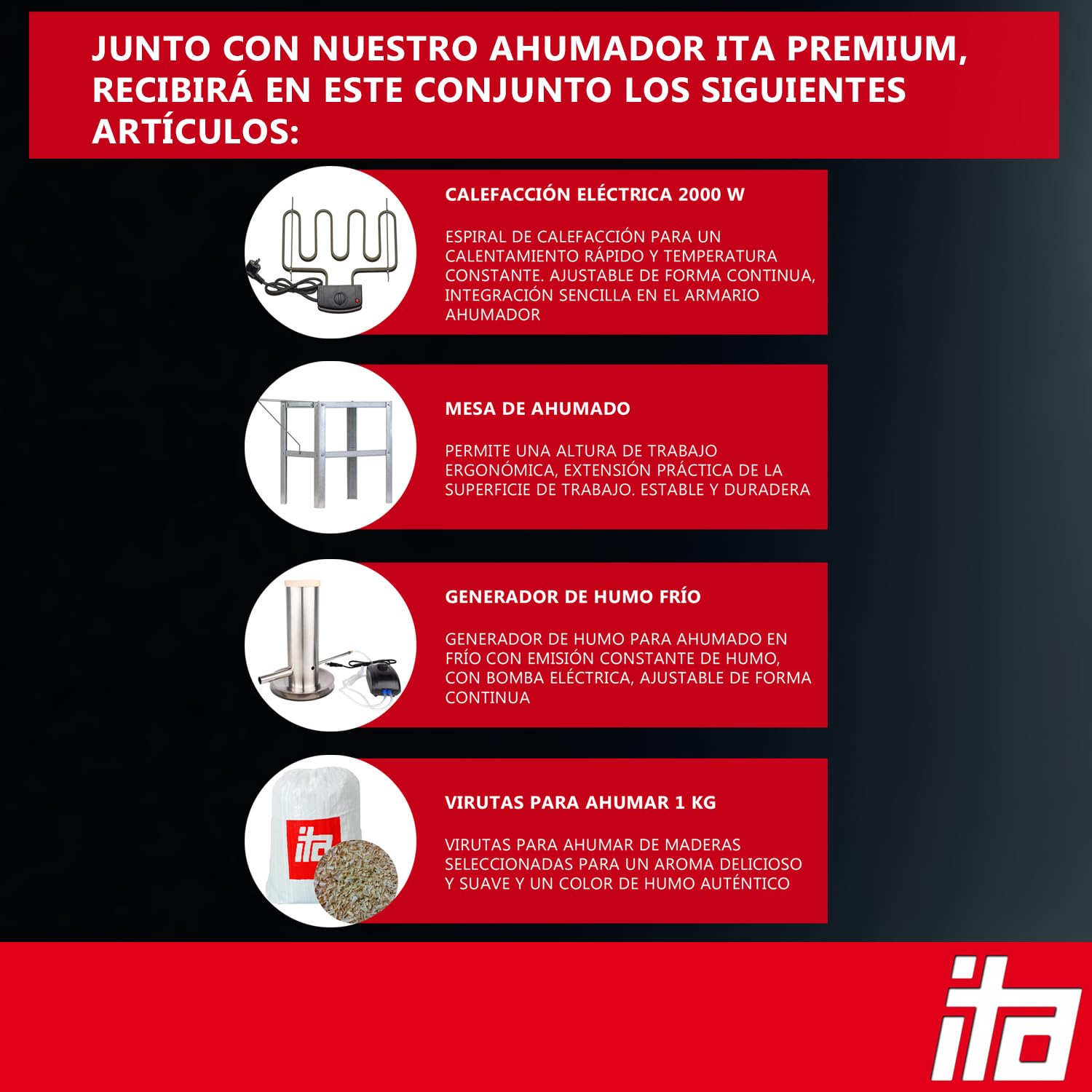 ITA Ahumador Eléctrico 7000 - Set de Ahumado con Calefacción, Mesa, Generador de Humo - Armario Ahumador con Ventana & Termómetro - Acero Aleado - Calidad UE, Directo del Fabricante