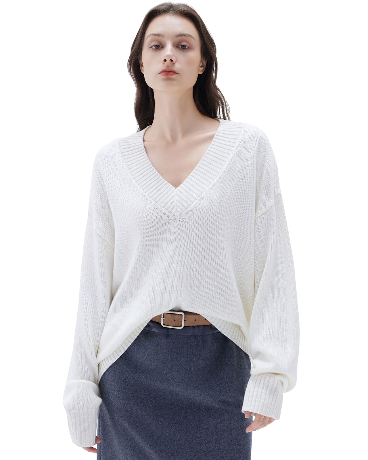 suuksess Women Cashmere Blend Oversized V Neck Long Sleeve Pullover Sweaters-picture-15